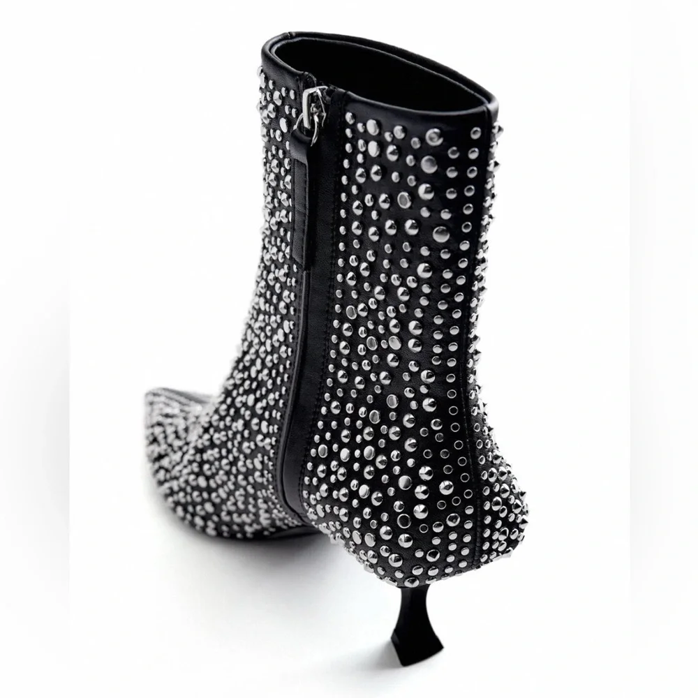 Zara Black Studded  Heeled Ankle Boots - Size 8 - Picture 4 of 16